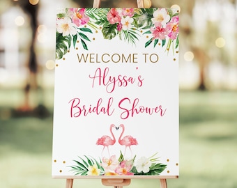 Editable Flamingo Bridal Shower Welcome Sign Pink & Gold Tropical Floral Bridal Shower Digital Printable Instant Download Corjl B128