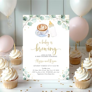 Editable Baby Is Brewing Invitation Coffee Baby Shower Invitation Greenery Gender Neutral Coed Baby Shower Printable Digital Corjl A601