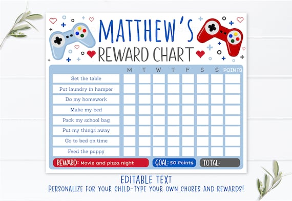 EDITABLE Video Game Reward Chart Chore Chart Behavior ...