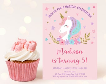 Editable Rainbow Unicorn Birthday Invitation Unicorn Birthday Invite Pink Gold Pastel Floral Unicorn Party Printable Digital Download A634