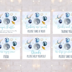 Editable Blue Space Baby Shower Sign Table Signs Set of 6 Blue Gold Boy Galaxy Planets Rocket Ship Outer Space Moon Stars Download A631