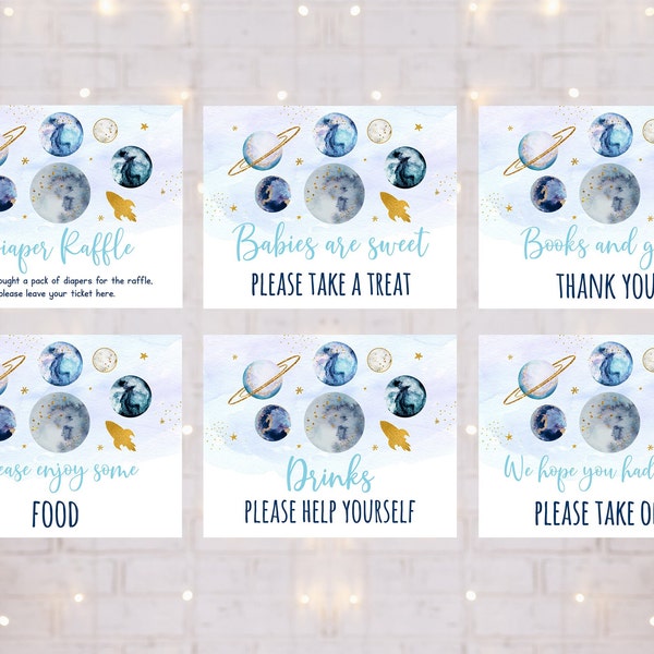 Editable Blue Space Baby Shower Sign Table Signs Set of 6 Blue Gold Boy Galaxy Planets Rocket Ship Outer Space Moon Stars Download A631