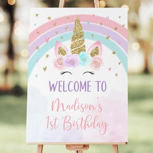 Editable Unicorn Birthday Welcome Sign Pastel Rainbow Unicorn Pink Gold Floral Unicorn Printable Digital Instant Download Corjl A582