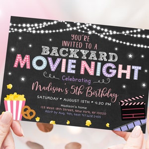 Editable Backyard Movie Night Birthday Invitation Movie Under the Stars Girls Outdoor Backyard Movie Party Popcorn Digital Download A555 image 2