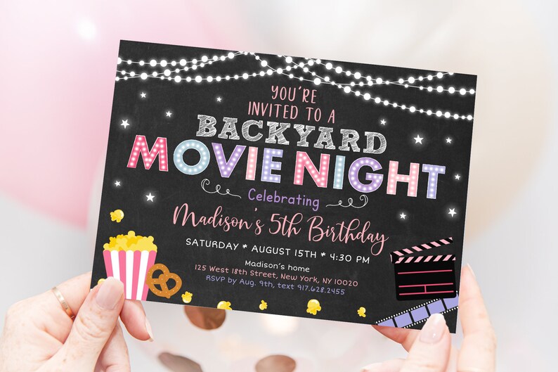 Editable Backyard Movie Night Birthday Invitation Movie Under the Stars Girls Outdoor Backyard Movie Party Popcorn Digital Download A555 image 2