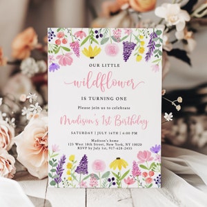 Editable Wildflower Birthday Invitation Little Wildflower Birthday Flower Birthday Pink Floral Garden Party Digital Download A672