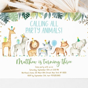 Editable Party Animals Birthday Invitation Boy Safari Animals Zoo Jungle Animals Digital Printable Instant Download Template A518