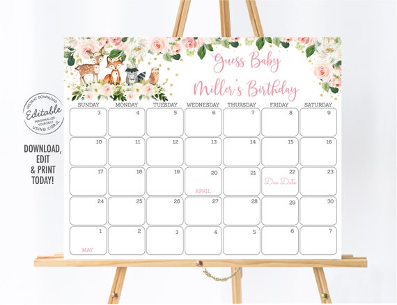 EDITABLE Woodland Girl Birthday Predictions Calendar Woodland Baby Shower Blush Floral Woodland Animals Guess Baby's Birthday Printable A516 Il_570xn