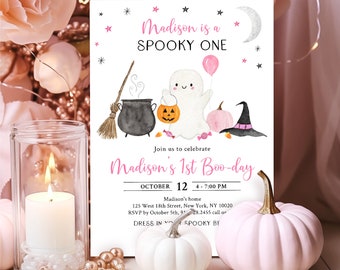 Invito di compleanno modificabile Spooky One Ghost Invito di compleanno per bambina rosa con zucca per festa di Halloween Download digitale A702