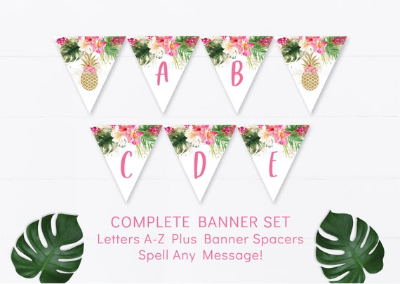 Pineapple Bridal Shower Banner Pink Tropical Floral Gold Pineapple Letters A-Z Digital Printable Instant Download Banner Kit B139 Il_570xn