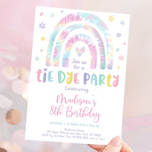 Editable Rainbow Tie Dye Birthday Invitation Tie Dye Party Pink Pastel Peace Love Boho Hippie Birthday Invite Tween Girl Printable A570