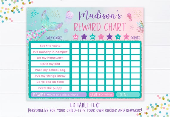 Editable Mermaid Reward Chart Mermaid Behavior Chart Girls Reward Chart Mermaid Chore Chart Pink Gold Printable Digital Template A615 Il_570xn
