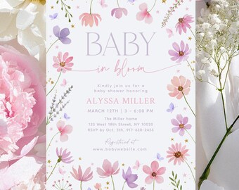 Baby In Bloom Invitation, Wildflowers Baby Shower Invite, Boho Pink Purple Butterfly Flower Editable Digital Template A769