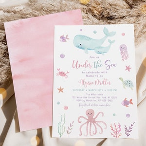 Invito baby shower sotto il mare, invito animali marini rosa per bambine, baby shower per bambine, acquerello balena tartaruga oceano, modello modificabile A725