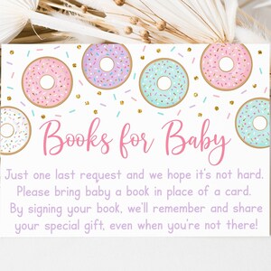 Donutboekverzoekkaarten, donutbabyshower, donuts en luiers, rozegouden donut, babystrooisel, donut, boeken voor baby, afdrukbaar A587