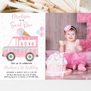 Editable Ice Cream Truck Birthday Invitation Sweet One Ice Cream First Birthday Girl Ice Cream Party Modern Watercolor Digital Download A673