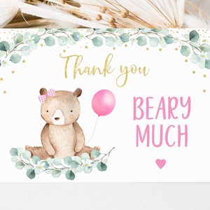 Editable Teddy Bear Picnic Birthday Thank You Card Pink Gold Girl Teddy Bear Party Outdoor Birthday Teddy Bear Balloons Download A603