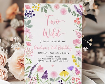 Editable Two Wild Birthday Invitation Wildflower Birthday Flower Birthday Pink Floral Girl Second Birthday Digital Download A672