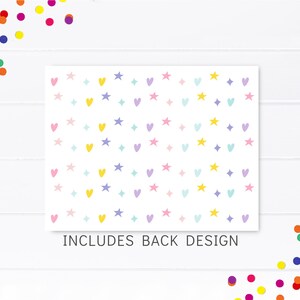 May include: A white card with a repeating pattern of yellow stars, pink hearts, purple diamonds, and blue stars. The text "INCLUDES BACK DESIGN" is printed at the bottom of the card.