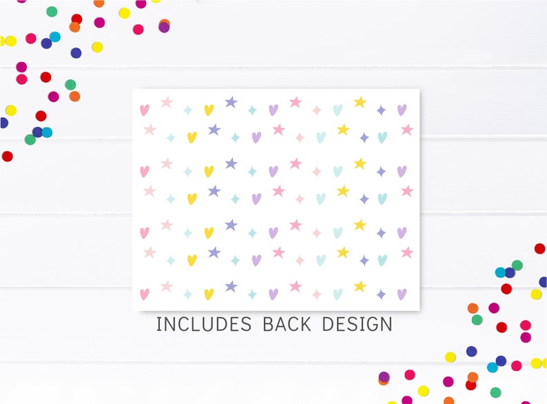 May include: A white card with a repeating pattern of yellow stars, pink hearts, purple diamonds, and blue stars. The text "INCLUDES BACK DESIGN" is printed at the bottom of the card.
