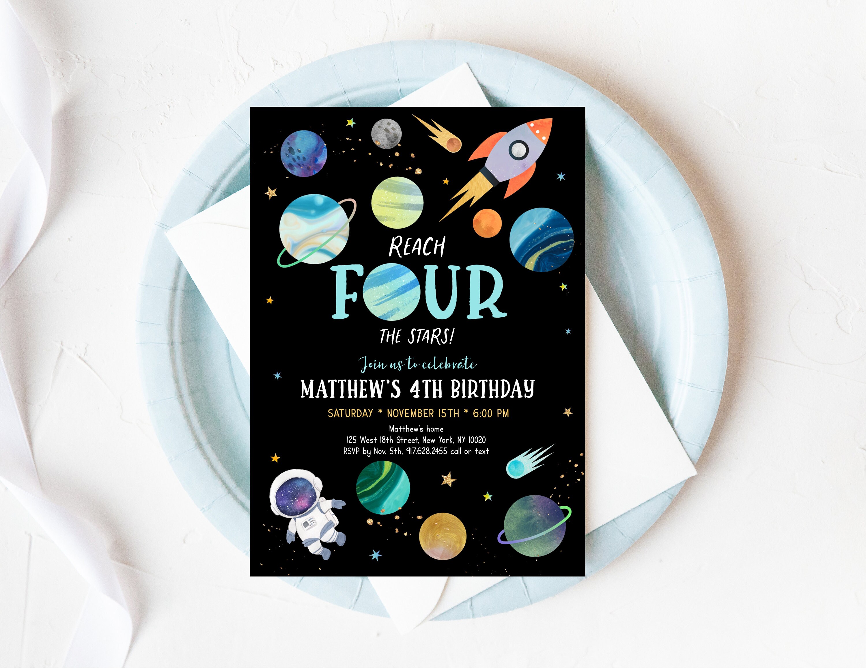 Editable Space Fourth Birthday Invitation Reach FOUR the