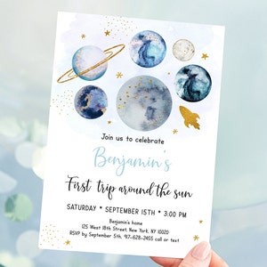 Editable Space Birthday Invitation First Trip Around The Sun Blue Gold Boy Galaxy Planets Outer Space Party Rocket Ship Printable A631