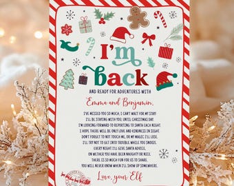 May include: A Christmas card with a red and white striped border, featuring the text "I'm back" and festive illustrations. The card includes a gingerbread man, candy canes, and a Santa hat. It is addressed to Emma and Benjamin, with a message from an elf.
