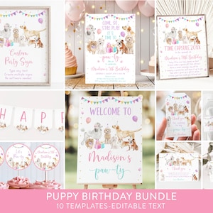 Editable Puppy Birthday Invitation Bundle Let&#39;s Paw-ty Girl Puppy Birthday Puppy Party Puppy Dog Birthday Pink Gold Balloons Download A621