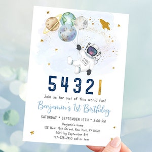Editable Space Birthday Invitation Astronaut First Birthday Invite Countdown Blue Gold Galaxy Planets Rocket Ship Outer Space Digital A606