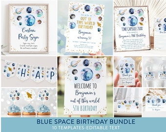 Può includere: Un pacchetto di stampabili per feste di compleanno a tema spaziale blu e oro con 10 modelli modificabili. Il pacchetto include un cartello di benvenuto, un invito, topper per cupcake, etichette per bomboniere e un cartello per la capsula del tempo. I design presentano pianeti, stelle e razzi.