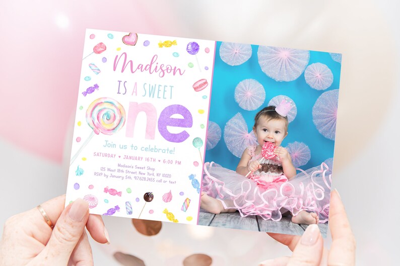 May include: A pink and purple birthday invitation with a photo of a baby girl holding a lollipop. The invitation says "Madison is a sweet one" and includes details for the party, including the date, time, and location.