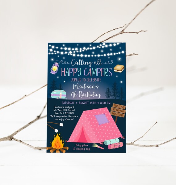 Editable Girl Camping Birthday Invitation Camping Sleepover Party Invite Glamping S'mores Pink Camper Camping Under Stars Digital A630 Il_570xn