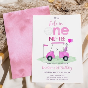 Editable Hole in One Birthday Invitation Pink Golf First Birthday Par-tee Golf 1st Birthday Invite Girl First Birthday Digital Download A695