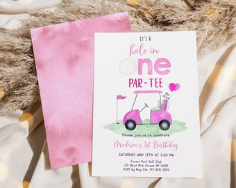 Editable Hole in One Birthday Invitation Pink Golf First Birthday Par-tee Golf 1st Birthday Invite Girl First Birthday Digital Download A695
