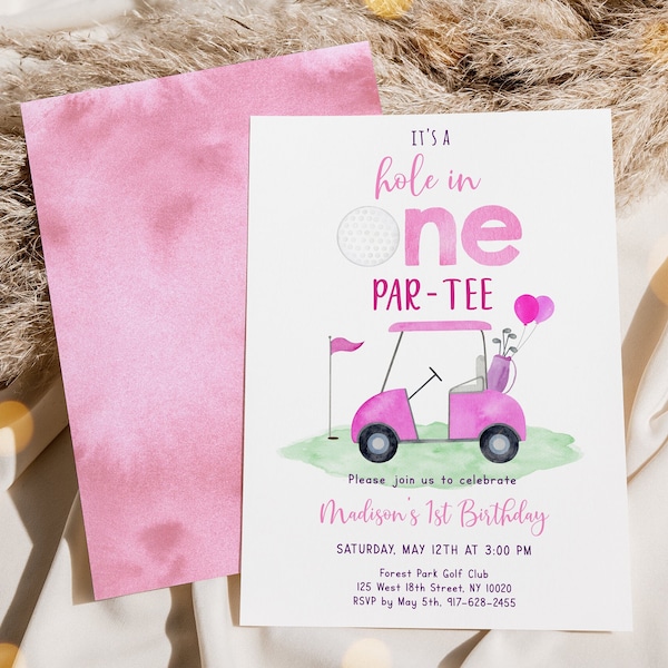 Editable Hole in One Birthday Invitation Pink Golf First Birthday Par-tee Golf 1st Birthday Invite Girl First Birthday Digital Download A695