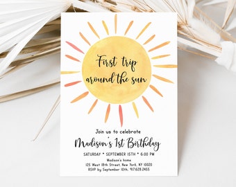 Editable First Trip Around The Sun Birthday Invitation Sunshine First Birthday Invite Boho You Are My Sunshine Party Digital Download A681