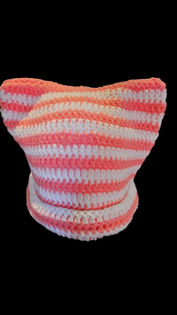 Handmade Pink Striped Crochet Cat Ear Beanie Pink & White Crochet Cat Ear Beanie: Handmade Acrylic Kitty  main image 2