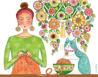 Knitting Cat Lady Art Print/ "Knitty Kitty" Whimsical Illustration/ Art by Susan Faye Carr