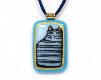 Tabby Cat Art Glass Pendant/ OOAK Cat Lover Jewelry/ Handcrafted Hand-Painted Fused Glass