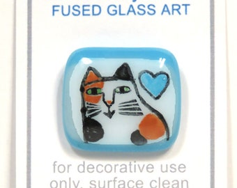 Calico Cat Art Glass Button/ Artist Made Hand-Painted Fused Glass/ OOAK Button for Collectors