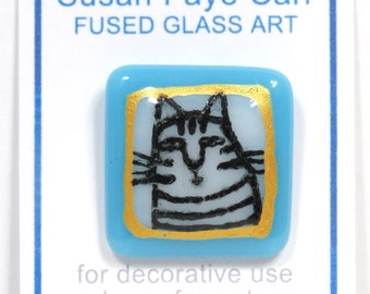 Fused Glass Tabby Cat Button/ Artist Made Hand-Painted / OOAK Button for Collectors