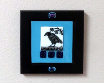 Fused Glass Raven Art for Wall or Desk Decor/ Original Glass Art With Dichroic Accents/ OOAK Handmade Bird Art by Susan Carr