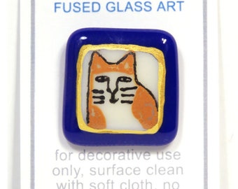 Orange Spotted Cat Art Glass Button/ Artist Made Hand-Painted Fused Glass/ OOAK Button for Collectors