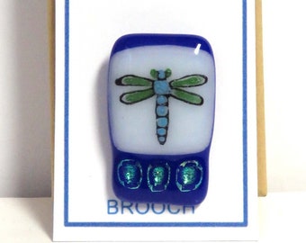 Handcrafted Art Glass Dragonfly Brooch/ Pin with Dichroic Accents on Cobalt Blue/ OOAK Fused Glass by Susan Faye Carr