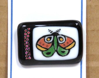 Fused Glass Handpainted Moth Brooch/ Wearable Art Pin with Dichroic Accents on Black/ OOAK Art Glass Jewelry by Susan Faye Carr