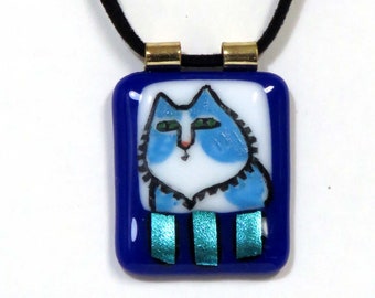 Handcrafted Art Glass Cat Pendant/ Dichroic Accents on Blue/ Longhair  Kitty/ OOAK Fused Glass Jewelry