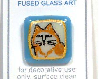 Art Glass Ginger Longhaired Cat Button/ Artist Made Hand-Painted Fused Glass/ OOAK Button for Collectors