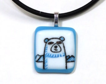 Polar Bear Fused Glass Pendant/ Handpainted Wildlife Art Jewelry/ Handcrafted OOAK