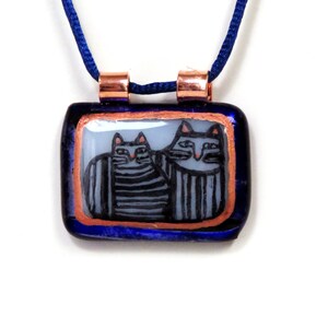 Mom Cat Art Glass Pendant/ Tabby Cat & Kitten/ OOAK Handcrafted Hand-Painted Fused Glass