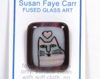 Art Glass Cat Lover Button/ Artist Made Hand-Painted Fused Glass/ OOAK Button for Collectors
